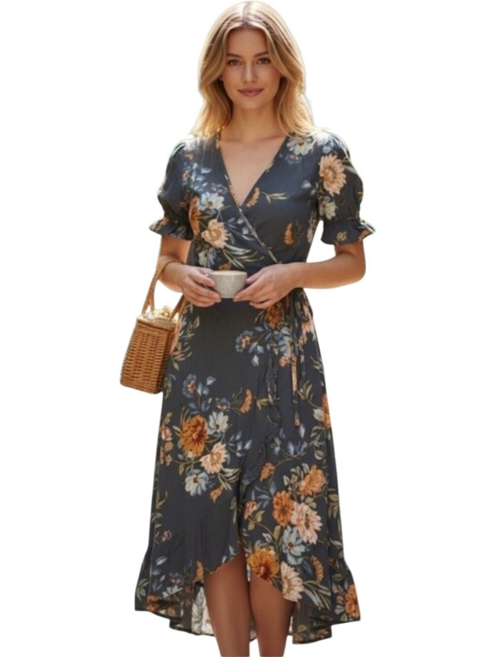 Floral Wrap High-Low Dress in Slate Gray